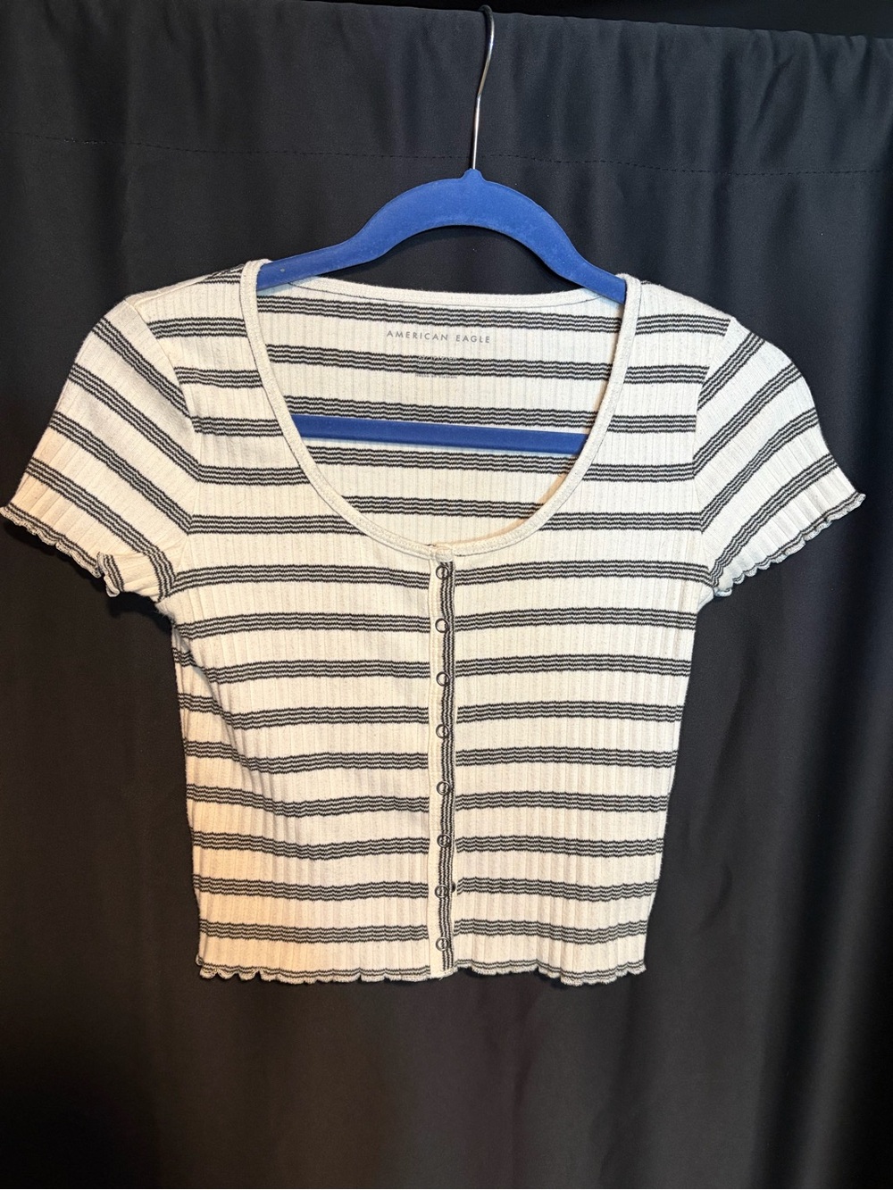 American Eagle Outfitters Cream & Black Striped Ribbed Button-Front Crop Top